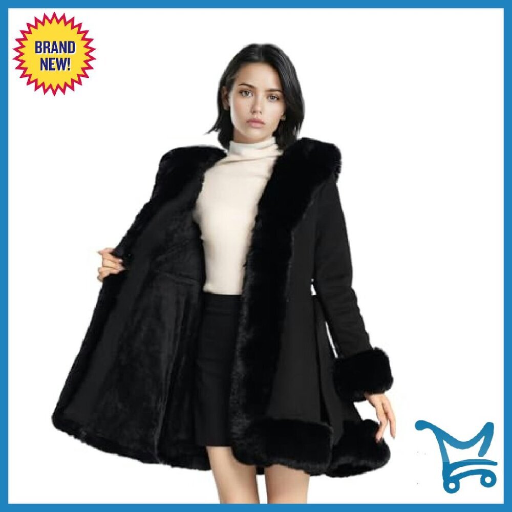 Faux Fur Leather Peplum Parka Coat with Belt, Winter Women's Jacket - Picture 5 of 7